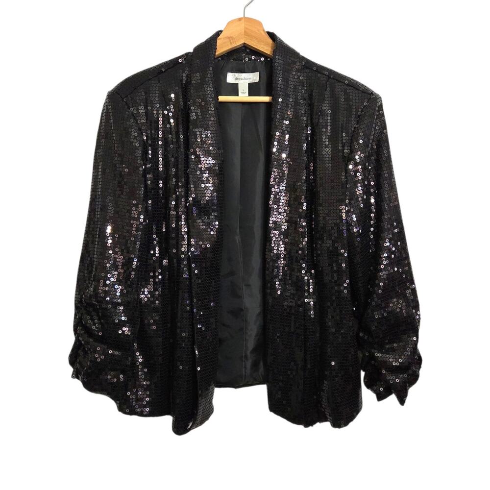 Dressbarn Glam Black Sequin Open Front Blazer 7/8 Ruched Sleeves Stretch LARGE